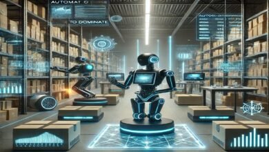 Futuristic eCommerce warehouse with robots and AI-driven systems managing inventory, digital screens displaying real-time data, and neatly organized shelves